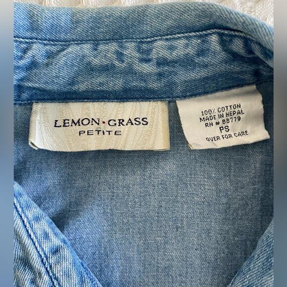 Vintage Lemon Grass Embroidered Short Sleeve Denim Button Up Raised Flower Plaid - Picture 4 of 9